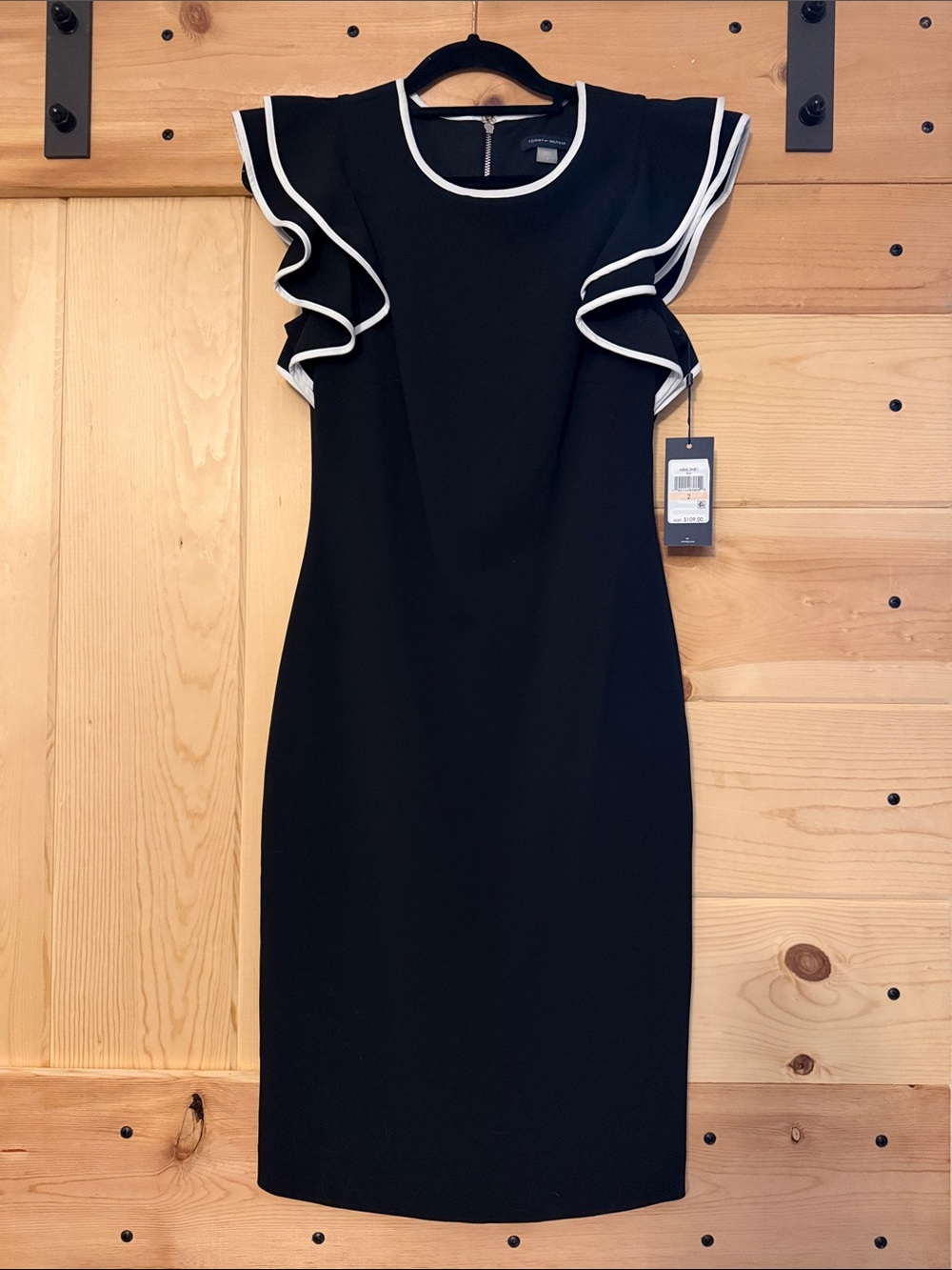 Tommy Hilfiger Black Midi Dress with White Trimmed Ruffle Sleeves